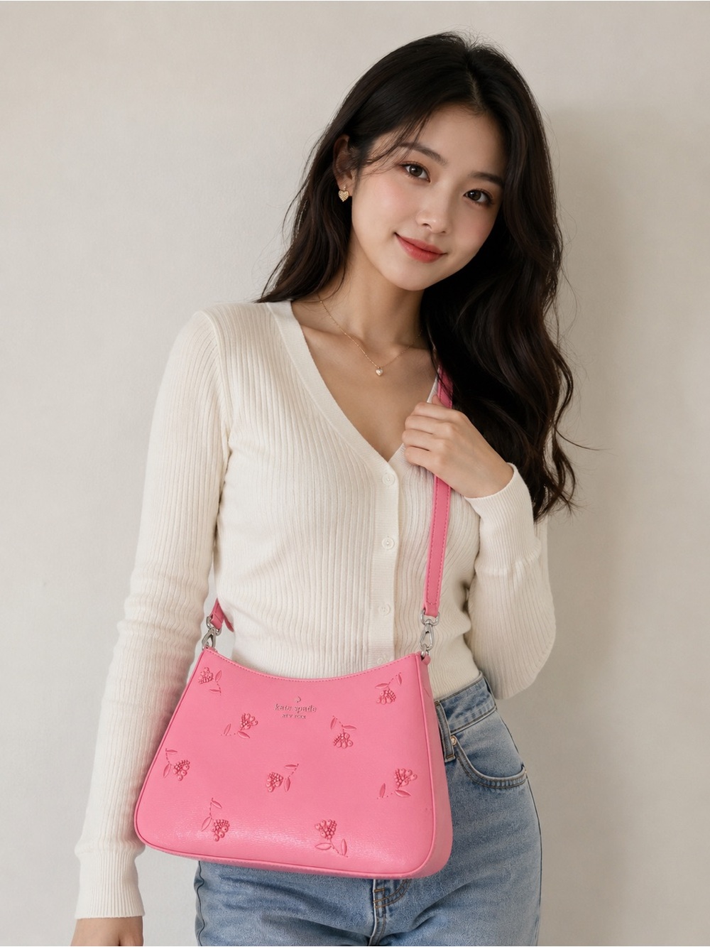 kate spade New Pink Embossed Floral Beaded Leather shoulder bag Crossbody strap - Picture 3 of 11